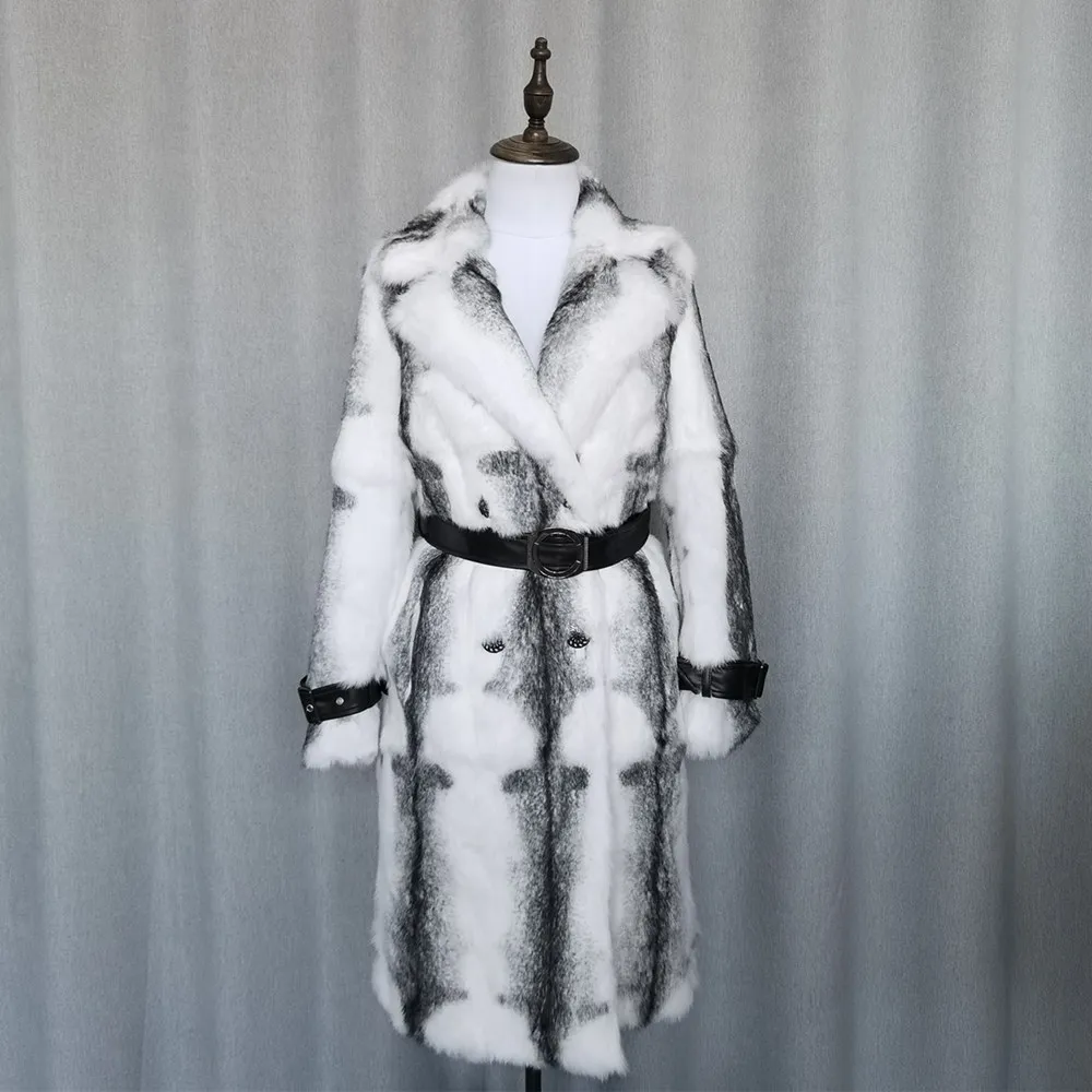 Winter Women Real Rabbit Fur Coat Long Natural Rabbit Fur Jacket Turn-down Collar Thick Warm Streetwear Ladies Overcoat Belt New