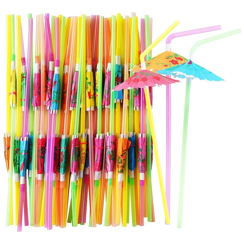 

150 Pcs Umbrella Straws Colourful Disposable Bendable Drinking Straws For Beach Theme Parties Bar Cocktail Decoration