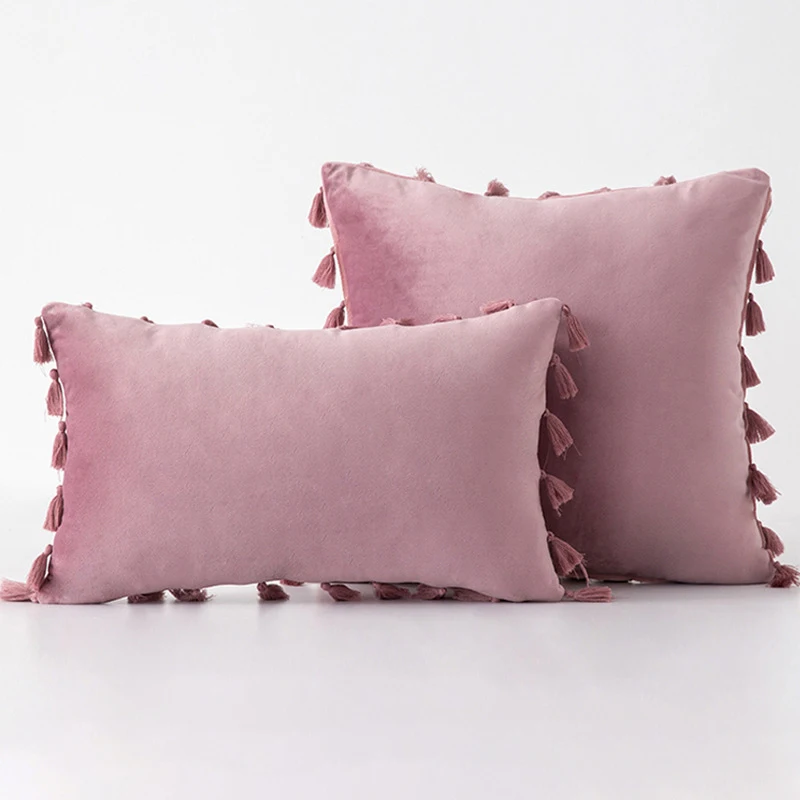 Promotion New Tassel Velvet Sofa Pillow Cover Solid Color Plush Bedside Rectangular Cushion Fringe Pillowcase Vintage Knot |