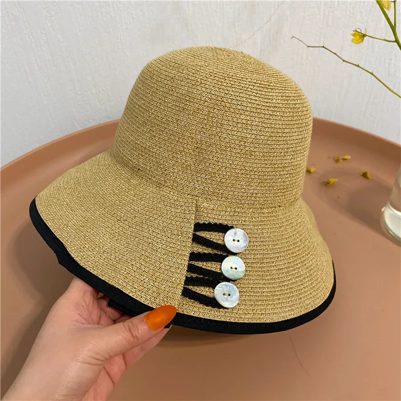 

Straw hat female summer series overlock buttons wide-brim fisherman hat UV sunscreen topi han edition contracted basin hat beach