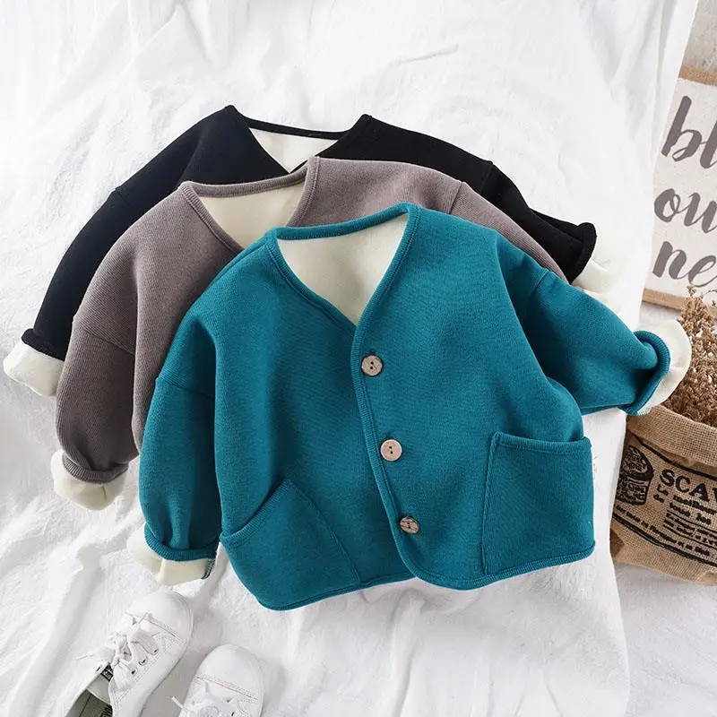 

Children's loose long-sleeved cardigan tops autumn and winter thickened men and women baby solid color casual tops jacket
