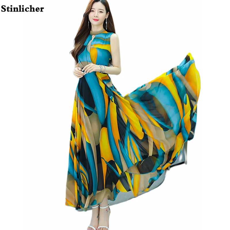 

Ladies Long Chiffon Beach Dress Women Summer Boho Patchwork Print Sleeveless Ankle-Length Maxi Dress Party Korea 2022 New