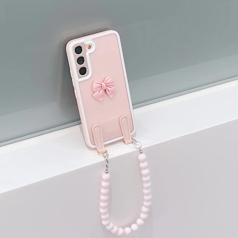 

For Samung S22 Case Transparent Cute Pink Soft Rubber for S22+ Pearl Lanyard S22plus 3D Fashion Bow for Galaxy S22ultra Female
