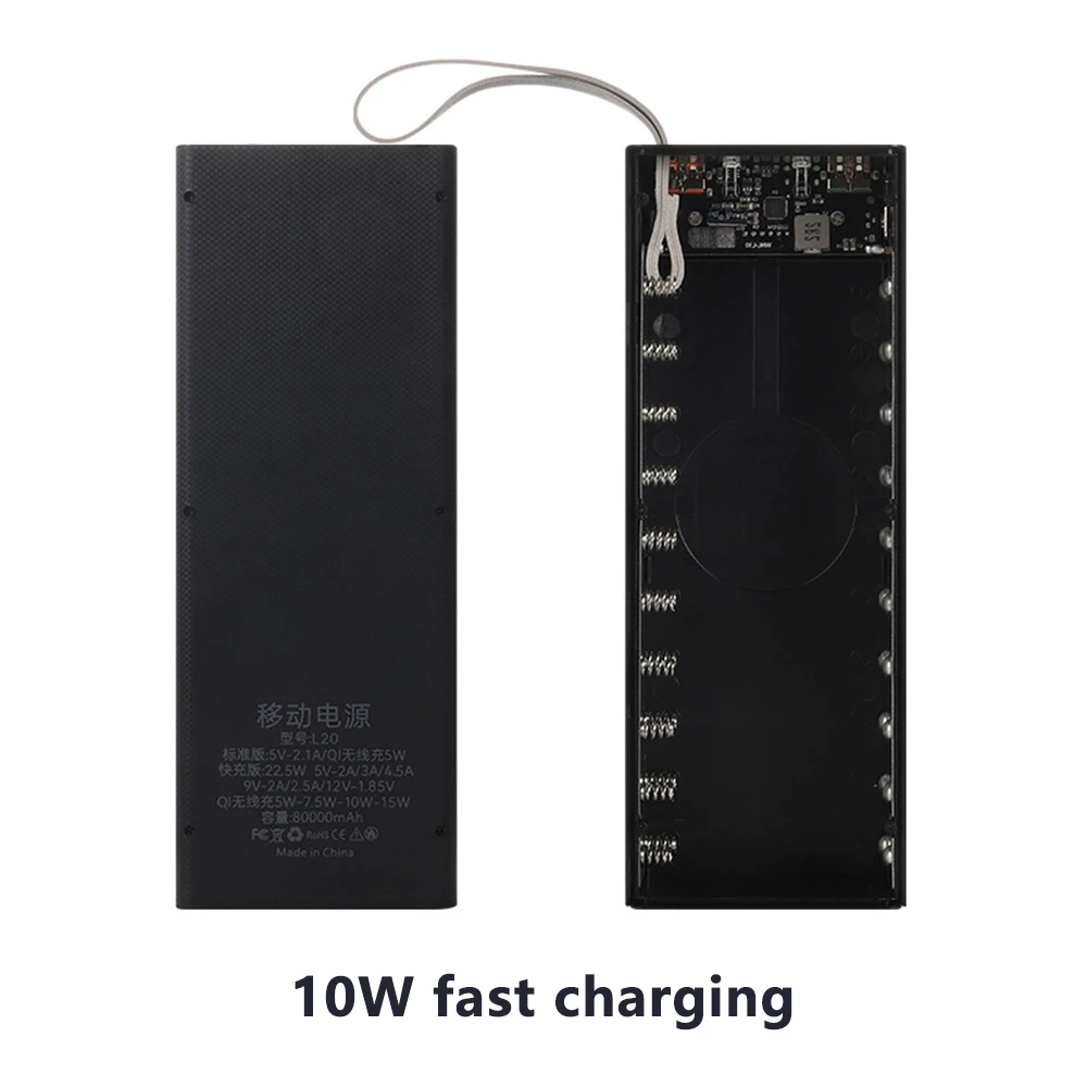 

20*18650 Чехол для литиевой батареи DIY Мобильный корпус питания 22,5 Вт Быстрое зарядное устройство 15 Вт Беспроводное зарядное устройство Светодиодный индикатор батареи Фонарик