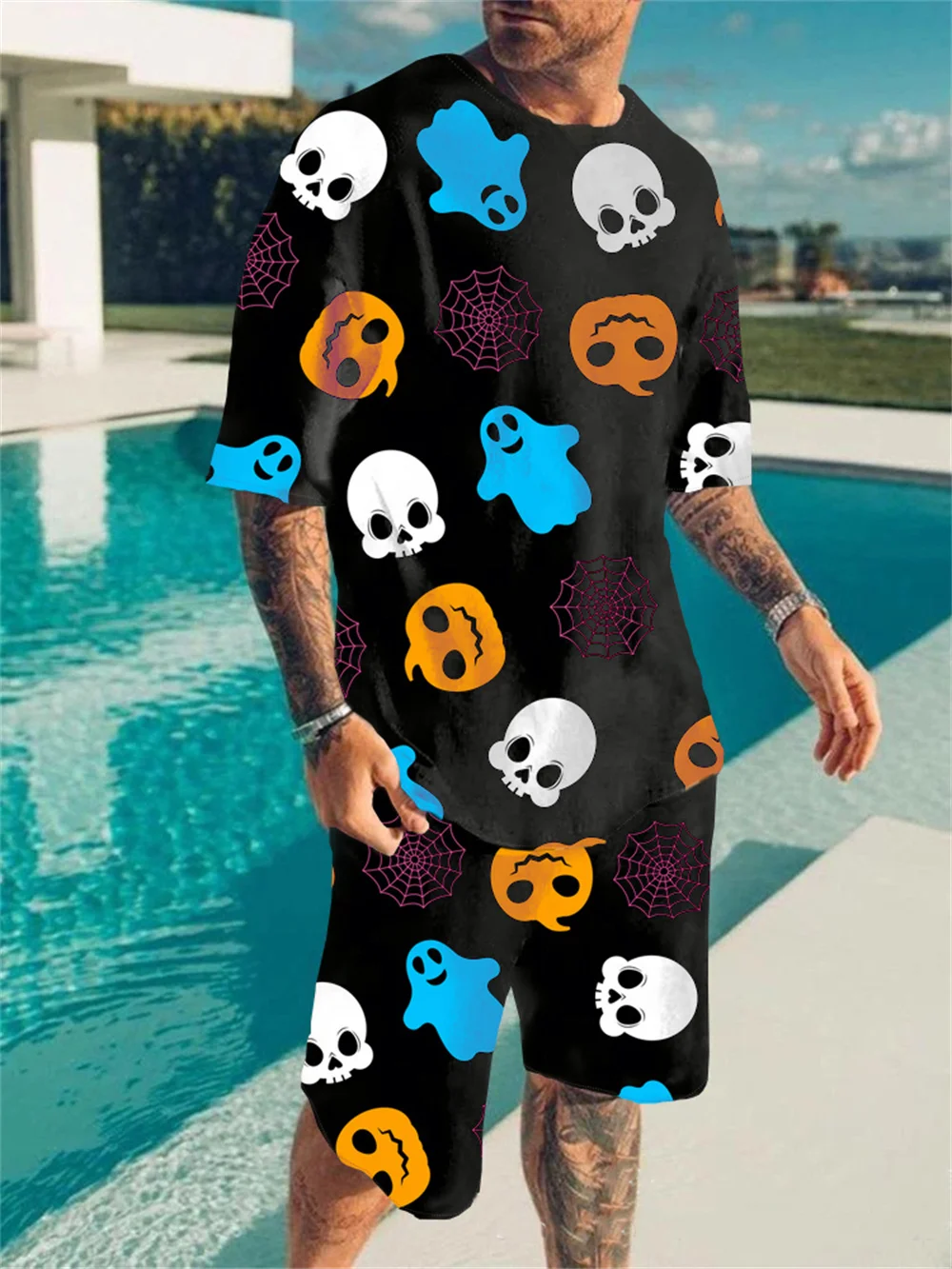 

Summer Skeleton Graphic Men's T-Shirt Sets Clothing Casual T Shirt Shorts Suits Camiseta Masculina Bermuda 2 Pieces Set Outfit