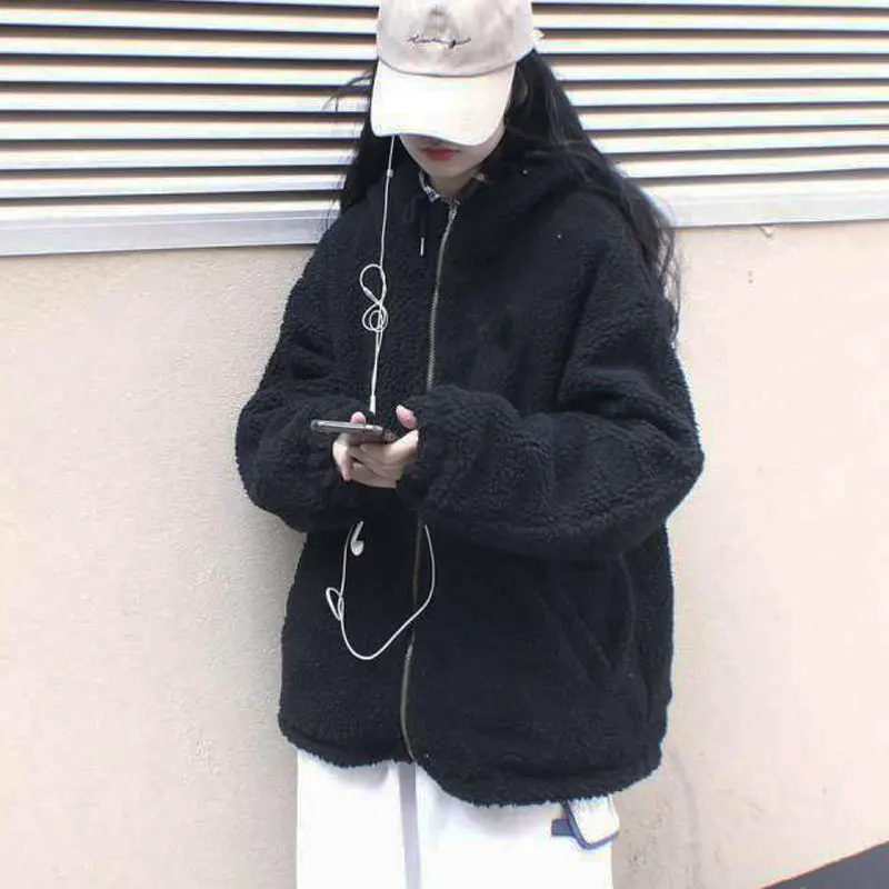 Thicken Both Sides Wear Lamb Wool Coat Female Ins Loose Autumn and Winter Fashion New Harajuku Tooling Cotton-padded Clothes