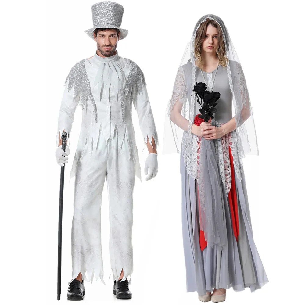 

Women Men Scary Zombie Costume Vampire Cosplay Adult Ghost Bride and Groom for Couple Purim Halloween Party Fantasia Dress Up