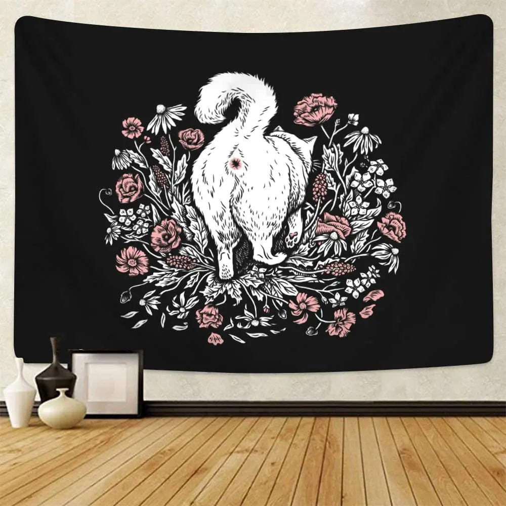 

Cat Tapestry White Cat Satroll in Floral Wall Hanging Cute Animal Cartoon Cat Tapestries Black Background Hippie Decor Bedroom