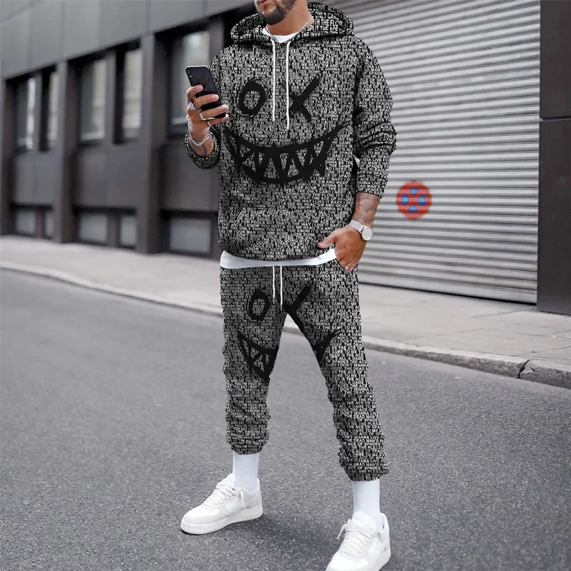 Cotton XX Smiley Face Printed Autumn and Winter Pullover Sweashirts Men Tracksuit Casual Hoodies Pants Set Men's Clothing Suit