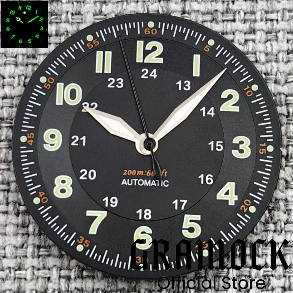 Фото Классика Gramock, стерильная 29 мм пилотная черная часть циферблата для часов NH35/36 ETA PT5000 Miyota Mingzhu DG ST2130, набор механизмов, ручной набор №2