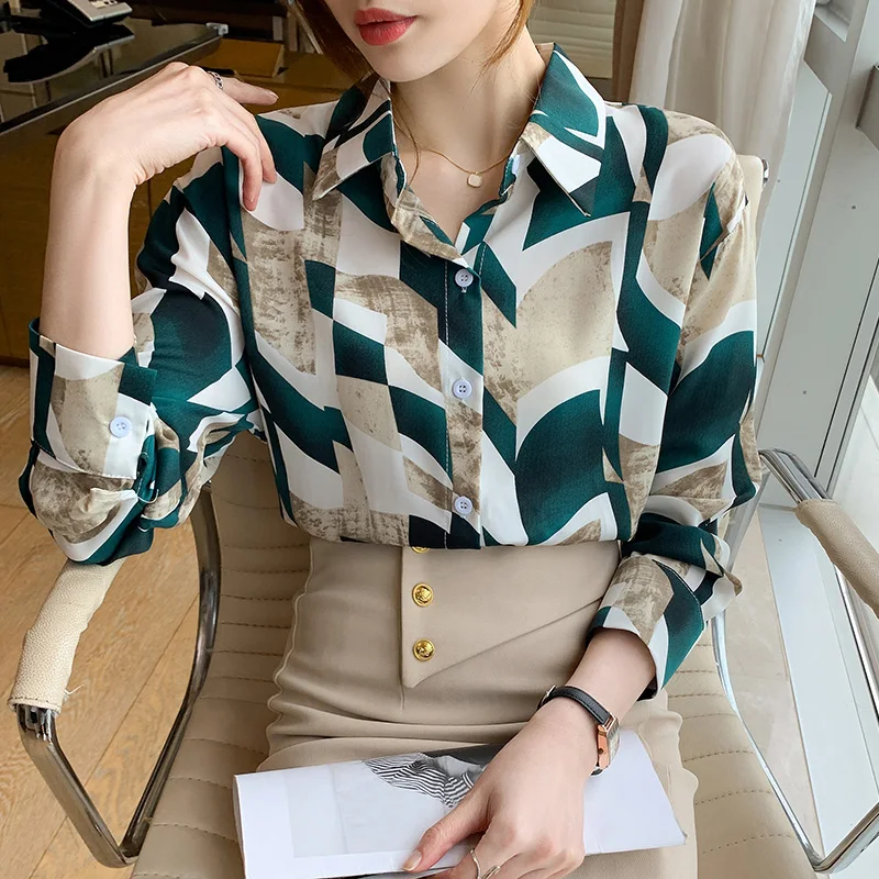

Female floral chiffon shirt hit color fashion vintage print blouse women autumn long sleeve tops women ladies work wear shirts