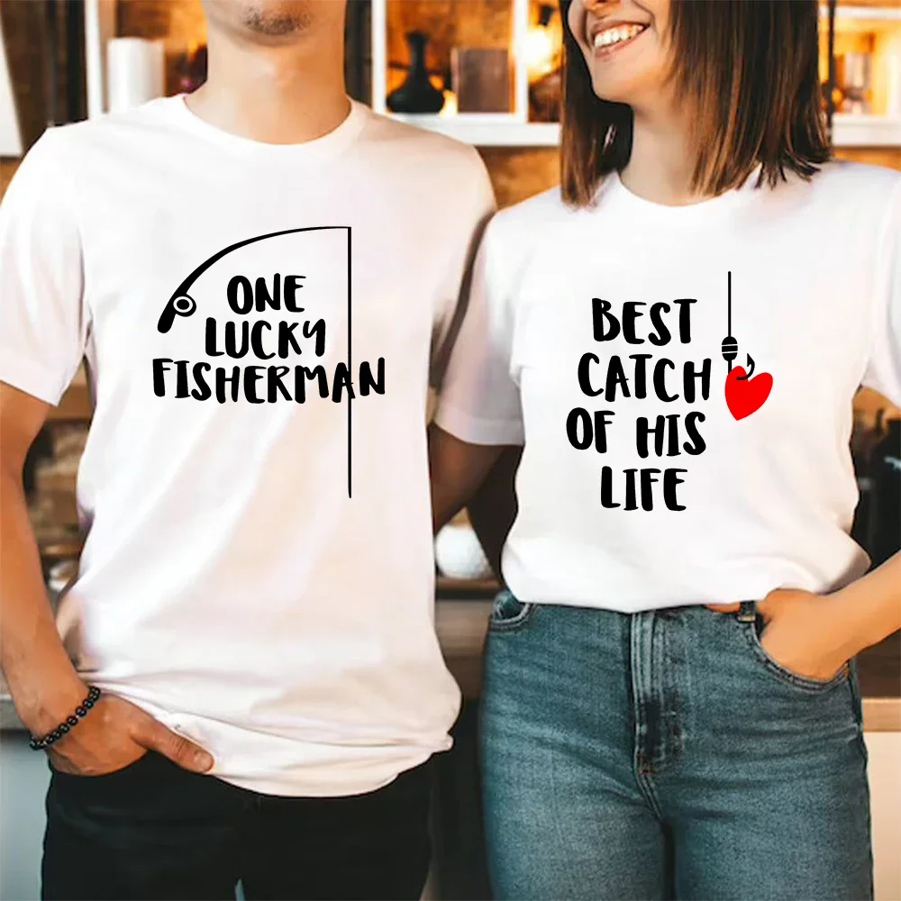 One Lucky Fisherman Best Catch of His Life Забавные рубашки для рыбалки Футболки пар Муж Жена