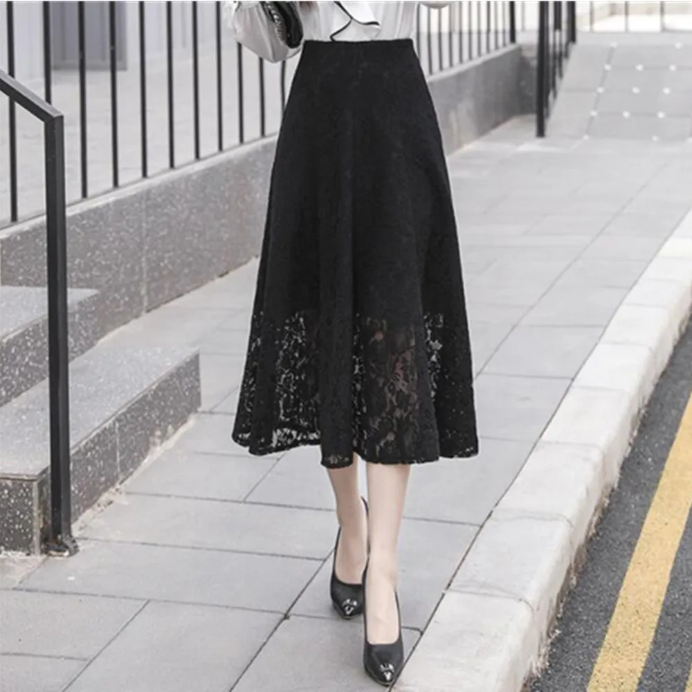 

Юбка женская кружевная Плиссированная, винтажная длинная однотонная черная Макси-юбка с завышенной талией и широкой юбкой, осень