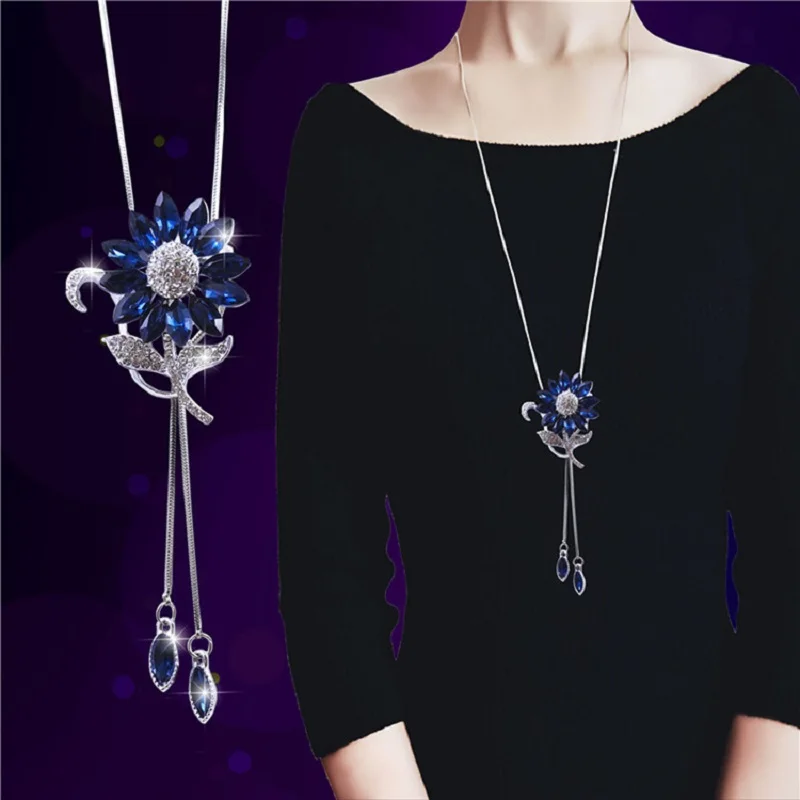 Buy Blue Sunflower Pendant Long Necklace For Women All Matches Jewelry Accessory on