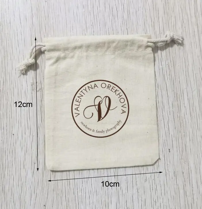 50 PCS Customised Logo 10x12cm Fine Natural Cotton Bags Drawstring Gift Packaging Pouches Printed With Brown Color Logo