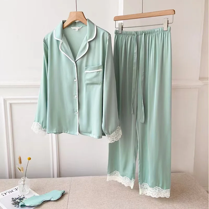 2022 New Silk Ladies Pajamas Autumn Ice Silk Long Sleeve Pants Set Printing Fashion Pajamas Women's Homewear