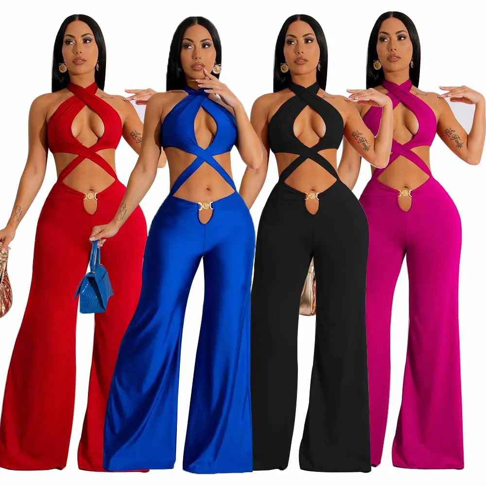 

Women's Nightclub Sexy Hollow Out Hanging Neck With Exposed Navel Wide Leg Jumpsuit Boho Long Dresses For Women 2023 Swimwear