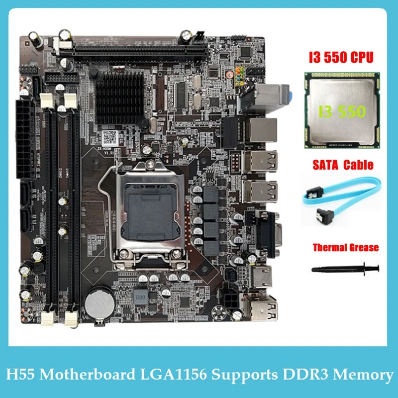 

H55 Motherboard LGA1156 Supports I3 530 I5 760 Series CPU DDR3 Memory Motherboard +I3 550 CPU+SATA Cable+Thermal Grease Kit