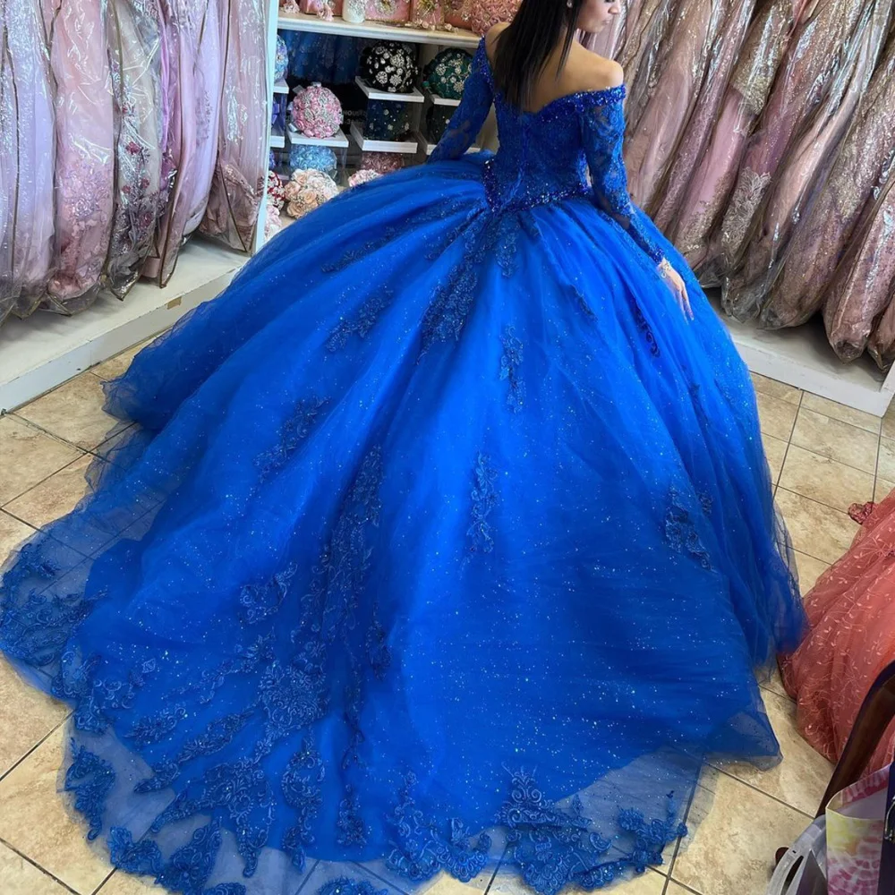 

Blue Long Sleeves Quinceanrea Dresses 2023 V Neck Lace Applique Prom Dress Sweet 15 16 Birthday Princess Miss Pageant Gowns Gala