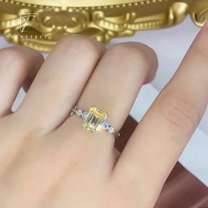 FENTTECI S925 Sterling Silver Platinum Plated Moissanite Ring Emerald Cut Ring Fine Luxury Jewelry for Women Engagement Wedding