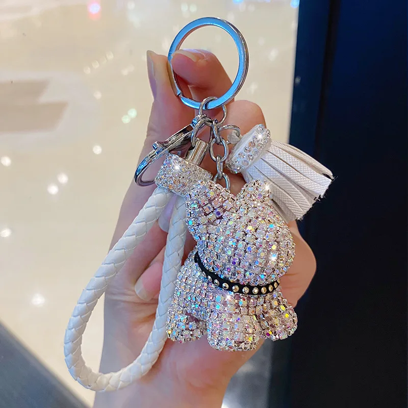 New Rhinestone French Bulldog Keychain Cartoon Car Tassel Key Ring Holder Pitbull Pendant Bag Llaveros Mujer Jewelry accessories
