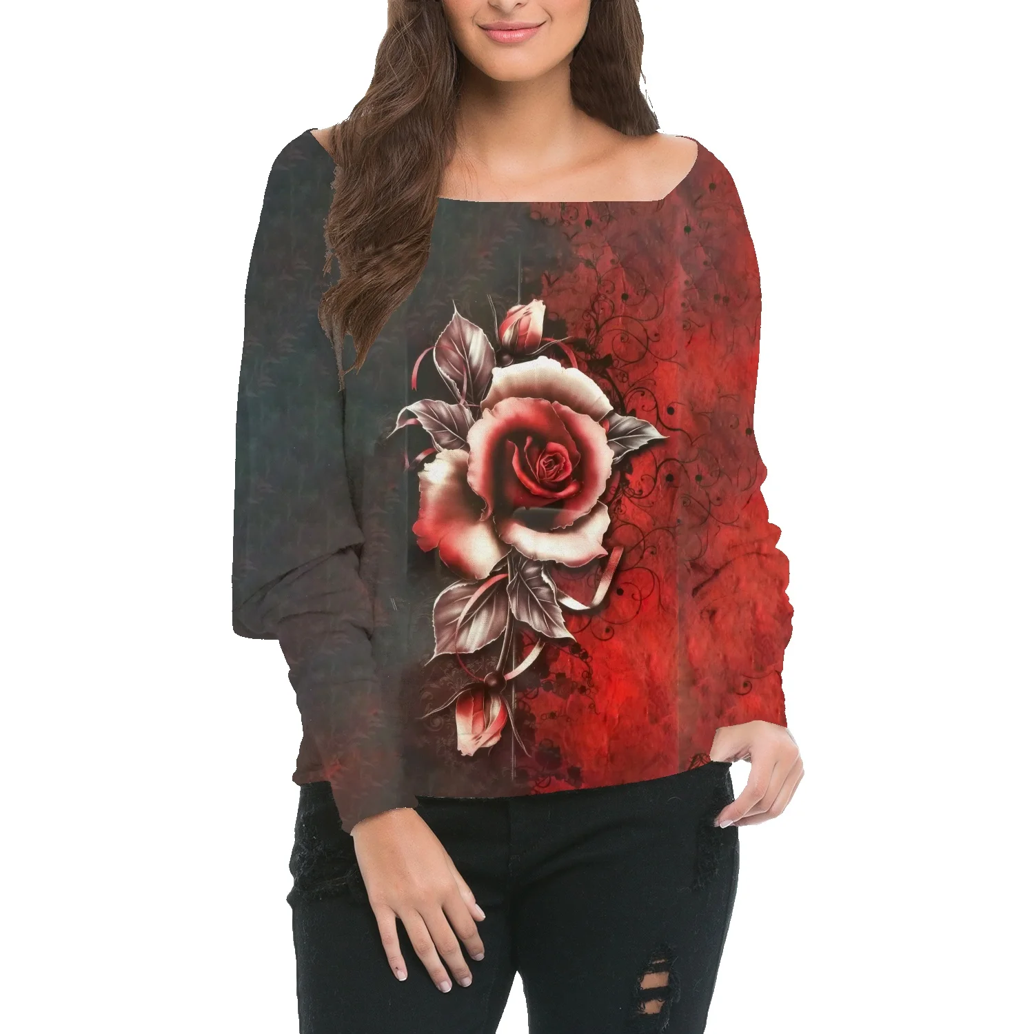 

Женский свитер с длинным рукавом, Свободный Повседневный свитер в готическом стиле с квадратным воротником и принтом роз, Классическая уни...