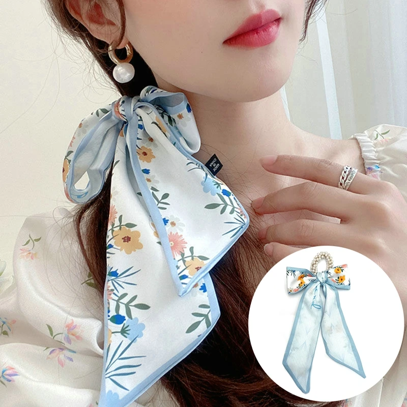 

High-Grade Blue Flower Color Series Silk Scarf Hair Band Ribbon Tied-Up Hair Long Bow Vintage Satin Ribbon Women Accessories