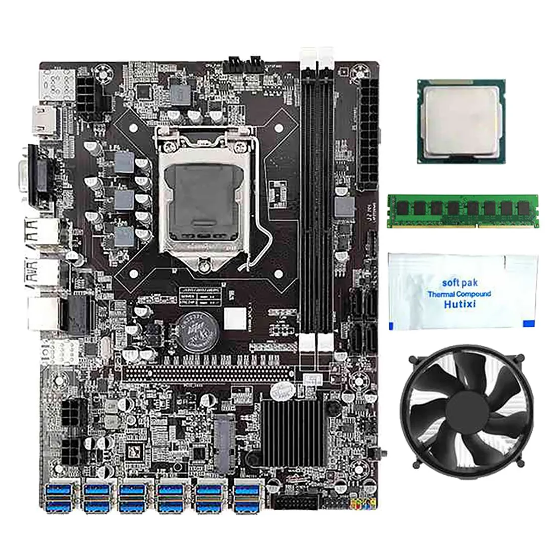 

B75 BTC Mining Motherboard with G530/G630 CPU+8G DDR3 RAM+Fan+Thermal Grease+Screwdriver 12 USB3.0 Slot LGA1155 SATA3.0