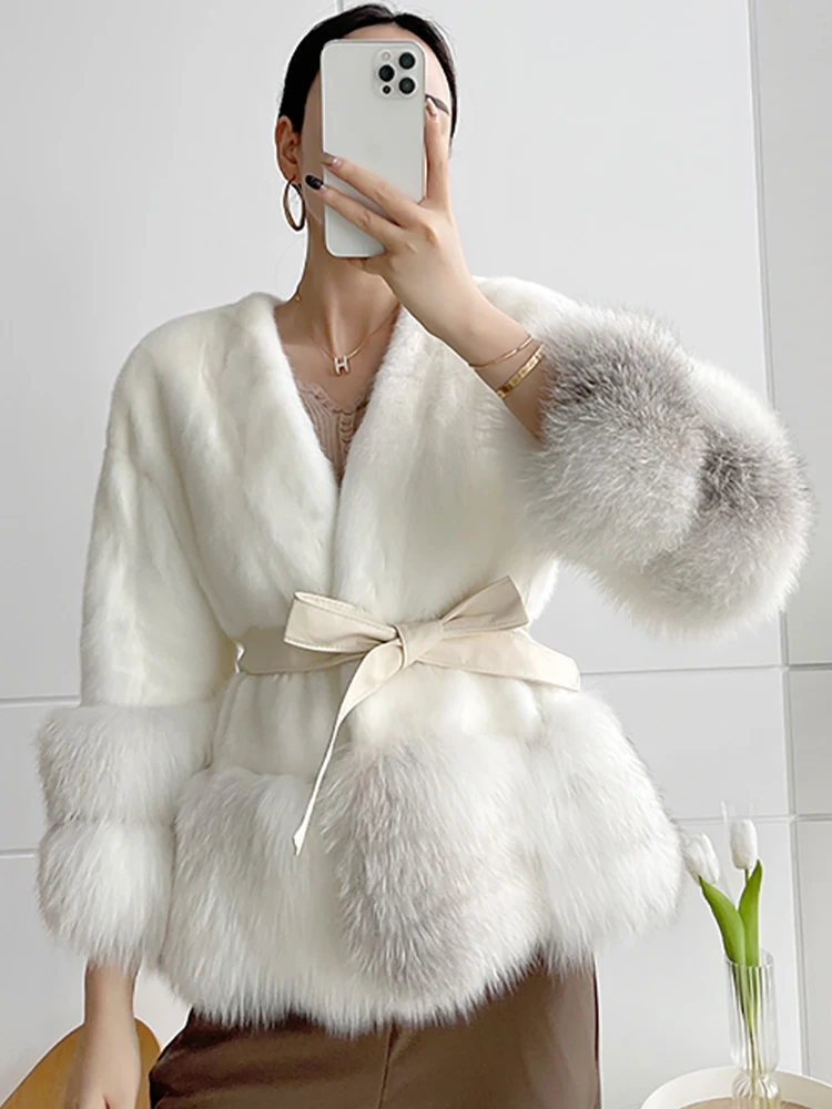 2022 Winter New Women Natural Mink Fur Coats With Real Fox fur Warm Short Mink Fur Jackets For Female Real Fur Coats