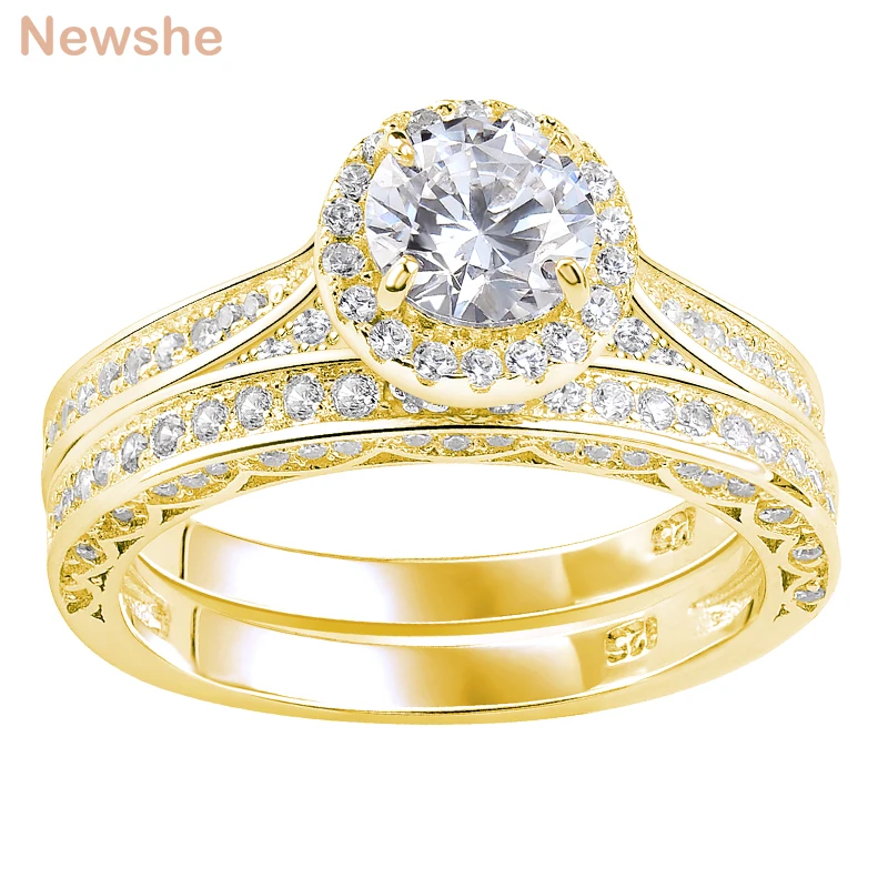 

Newshe Multi Gold Bridal Sets Solid 925 Sterling Silver Halo Round AAAAA CZ Wedding Engagement Rings For Women Romantic Jewelry
