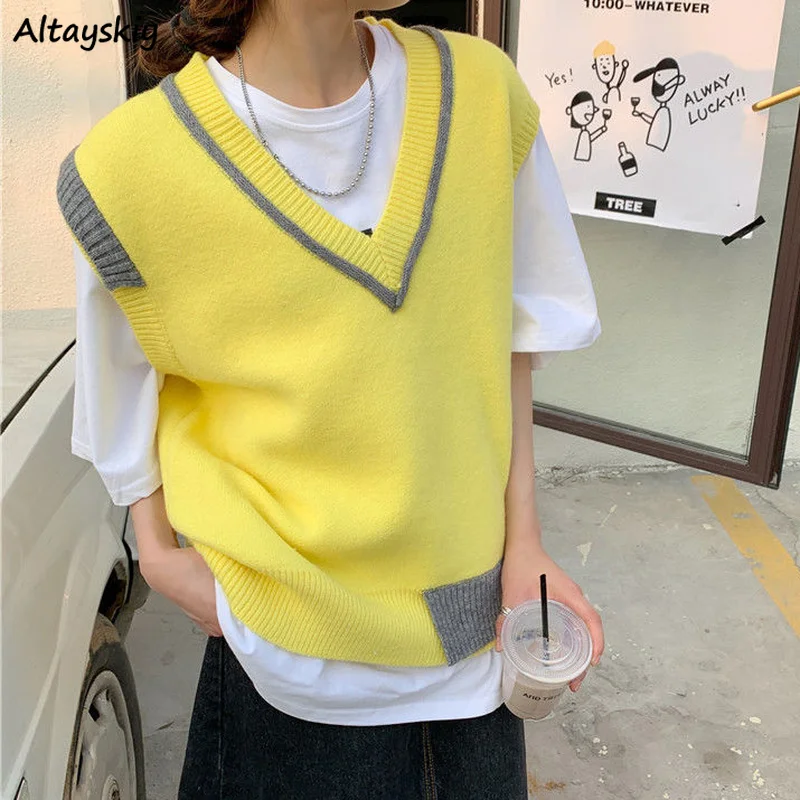 

Panelled Sweater Vest Women Sweet Design V-neck Loose Sleeveless Sweaters Preppy Style High Street Stylish Knitting Vests Mujer