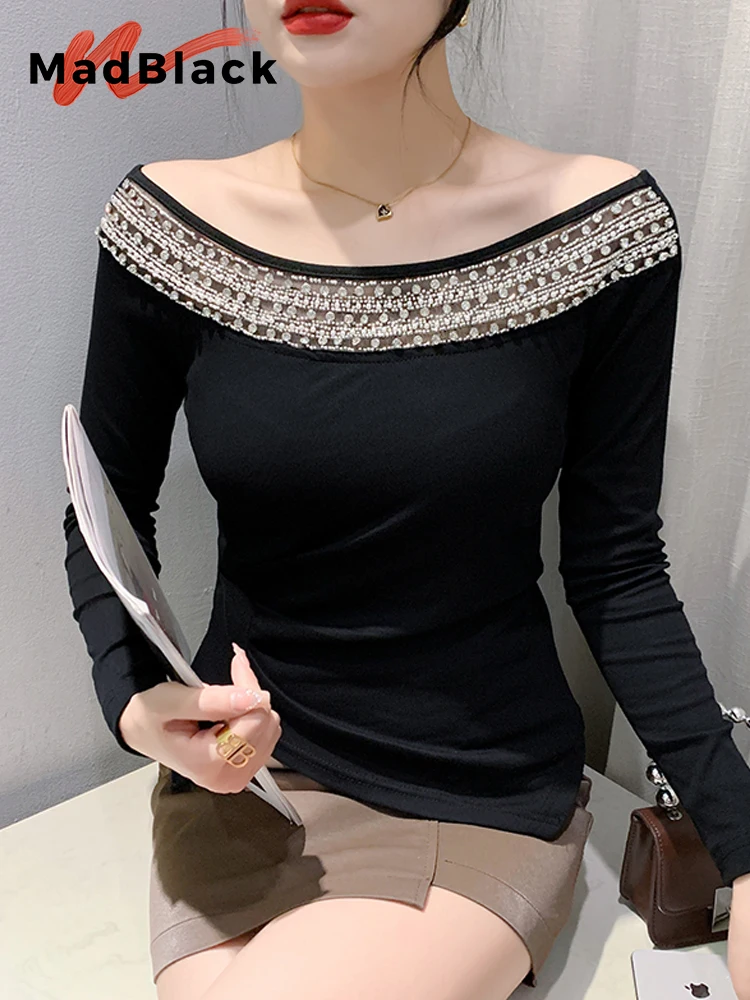 

MadBlack European Clothes Tshirts Women Sexy Off Shoulder Shiny Beaded Slim Cotton Top Long Sleeve Tee Autumn Spring T38703JC