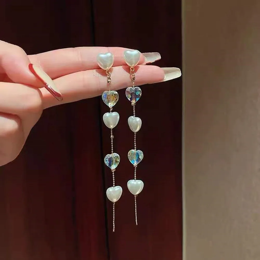 

2022 Long Tassel Heart-shaped Pearl New Earrings Female Elegant Shiny Fashion Earrings Party Jewelry Exquisite Gifts Wholesale