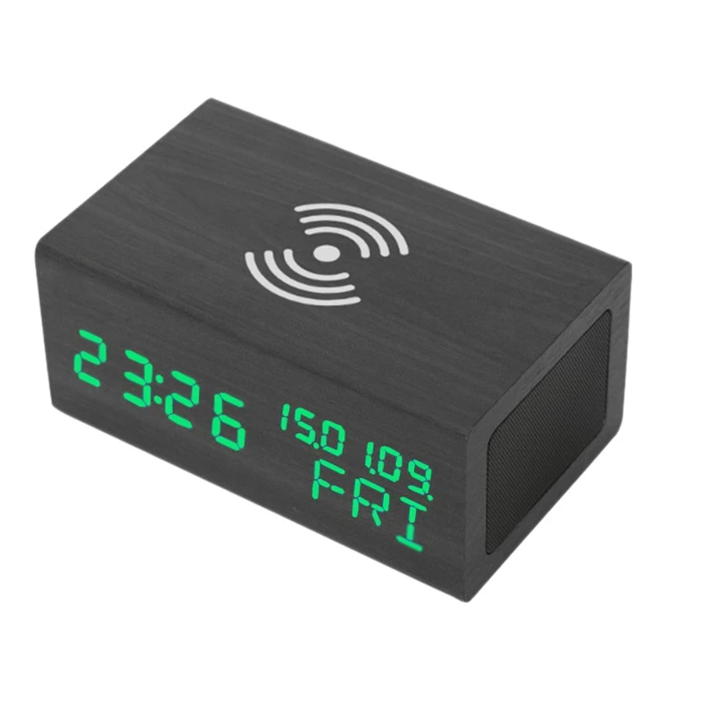 

Цифровой будильник с Bluetooth-динамиком и беспроводной зарядкой, с функцией недели и температурой, светодиодные настольные часы черного цвета ...