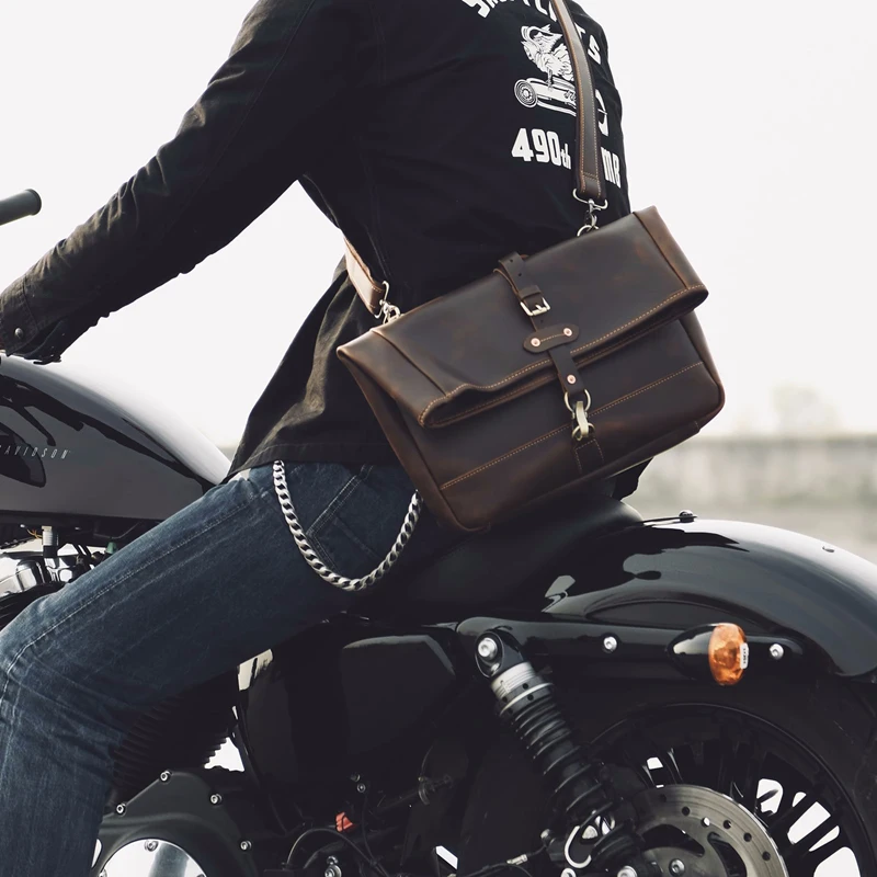 Vintage  Leather Motorcycle Men's Messenger Bag Crazy Horse Leather Folding Cover Shoulder Bag Luxury Cowboy 14