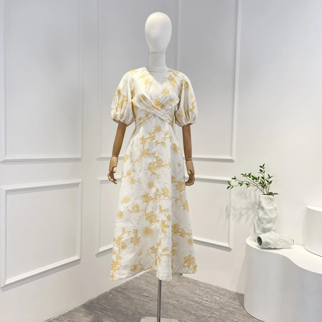 

2023 Spring Summer Top Quality Pure Linen Yellow Floral Printing Front Cross Folds Midi Length Dresses Women