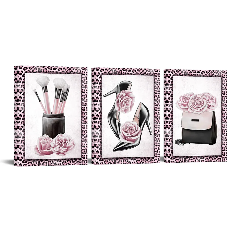 

3 Pieces Flowers and Bag Home Decor Canvas Painting Pink Leopard Poster Print Modern Style Picture Living Room Wall Art