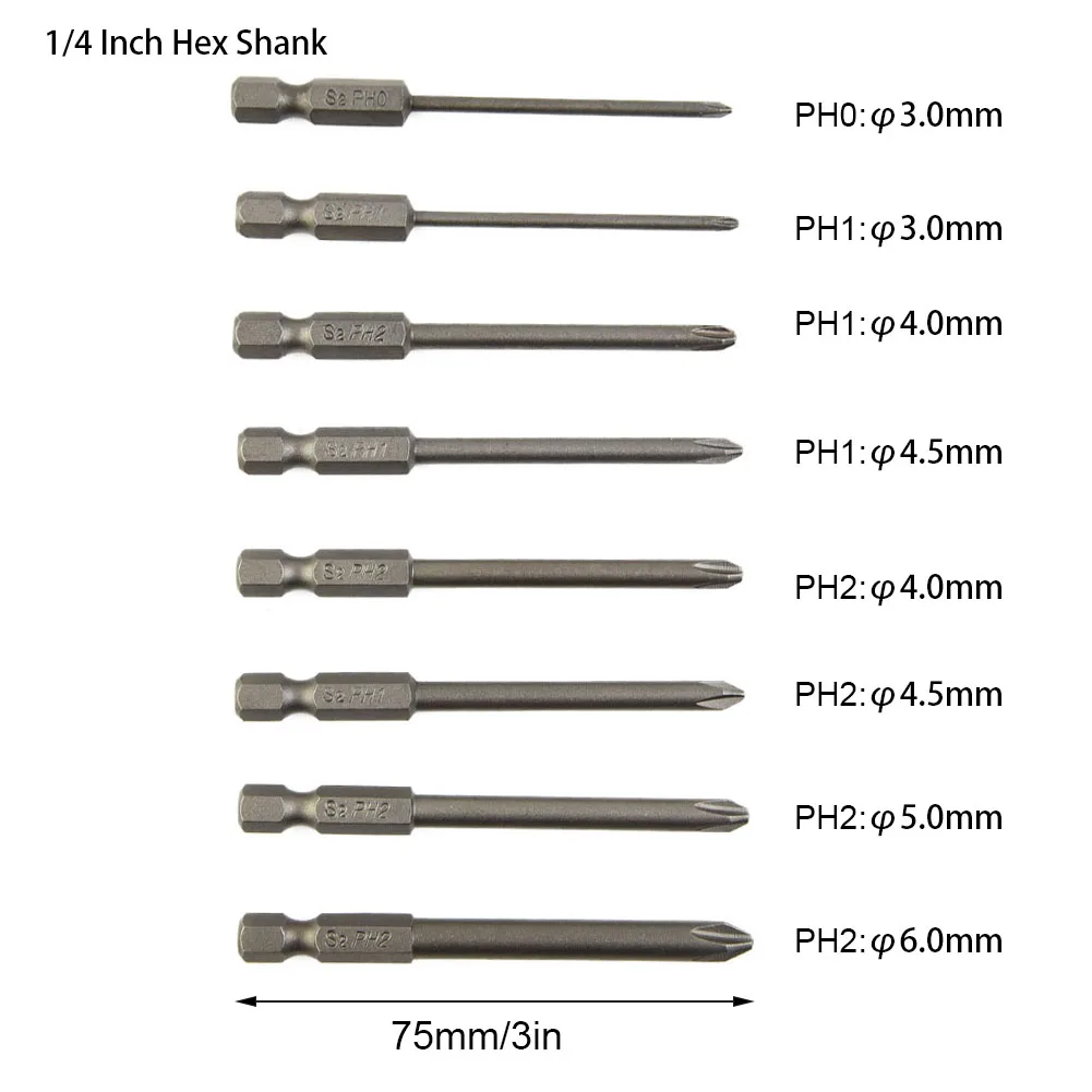 

8pcs 75mm Cross Screwdriver Bits Set Alloy Steel Electric Screwdriver 1/4 Inch Hex Screw Driver Bits Hand Tools PH0 PH1 PH2