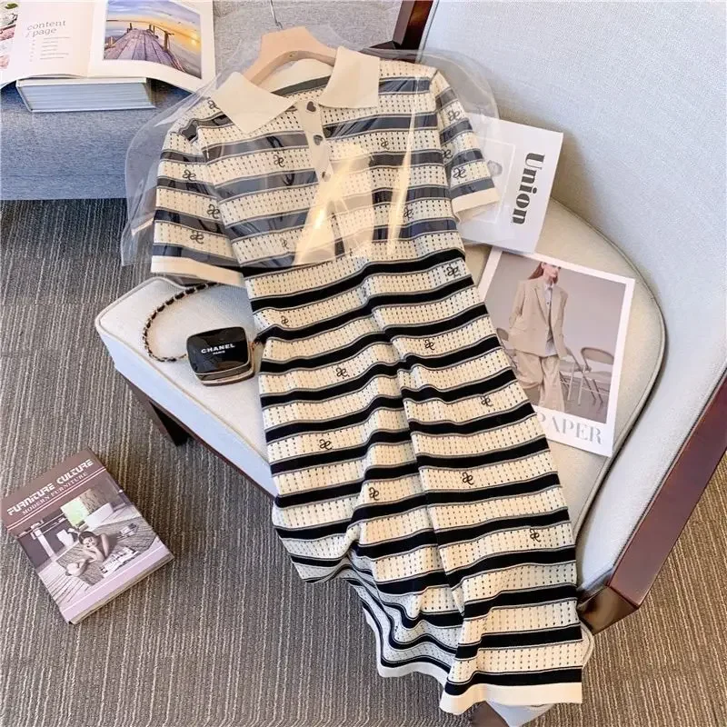 Твидовое полосатое вязаное платье женская летняя винтажная футболка с