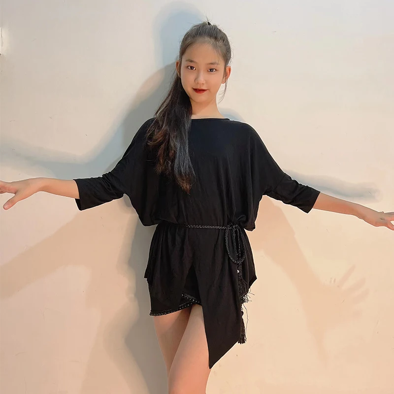 

2023 New Latin Dance Dress For Girls Children Loose Short Sleeved Practice Clothes Chacha Samba Tango Latin Costumes DQS9829