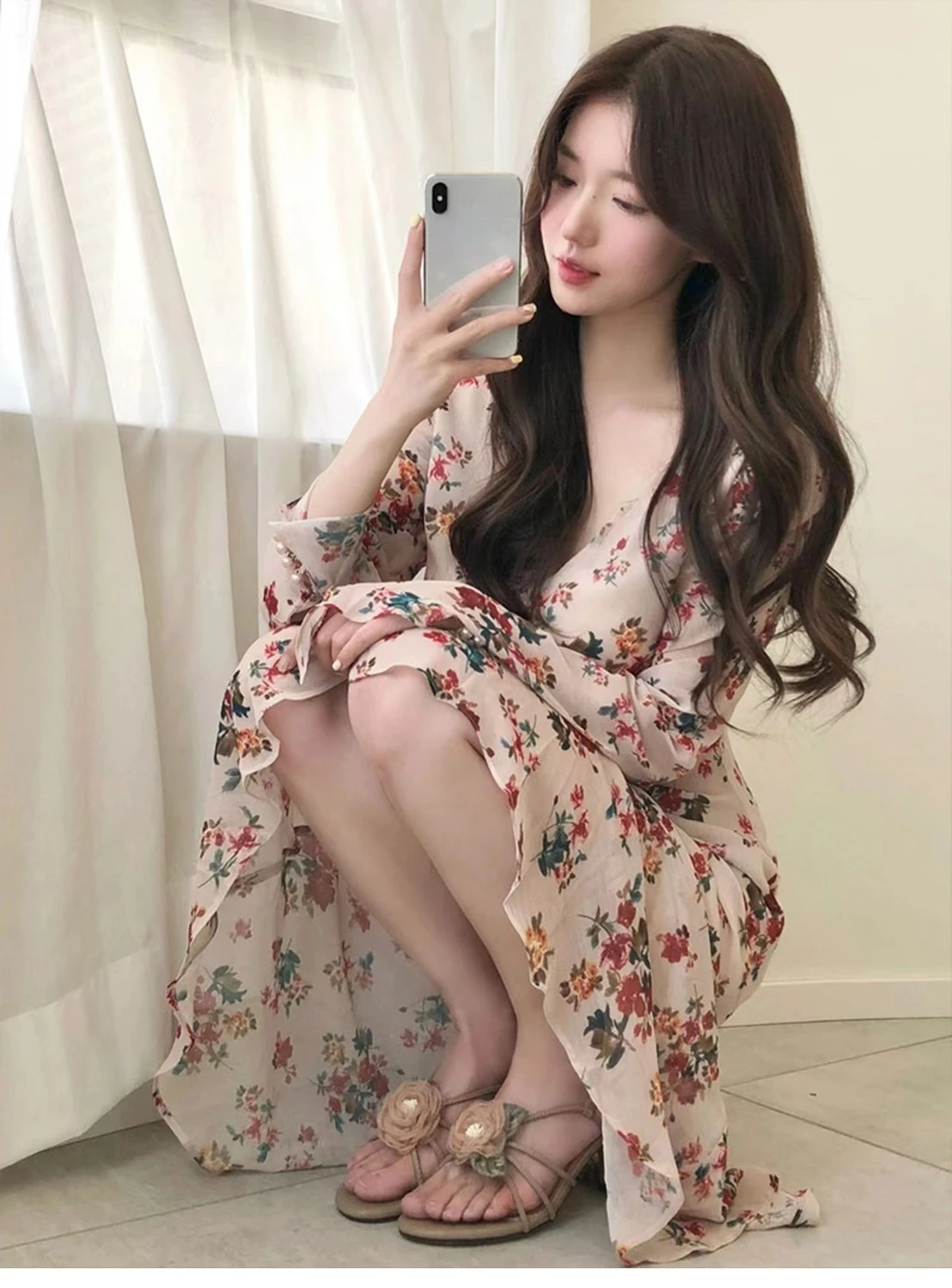 

Summer Woman Dress Sweet Floral Elegant Robe Vestido Irregular Slim Waist Puff Sleeve Vintage Dresses Vestidos De Mujer