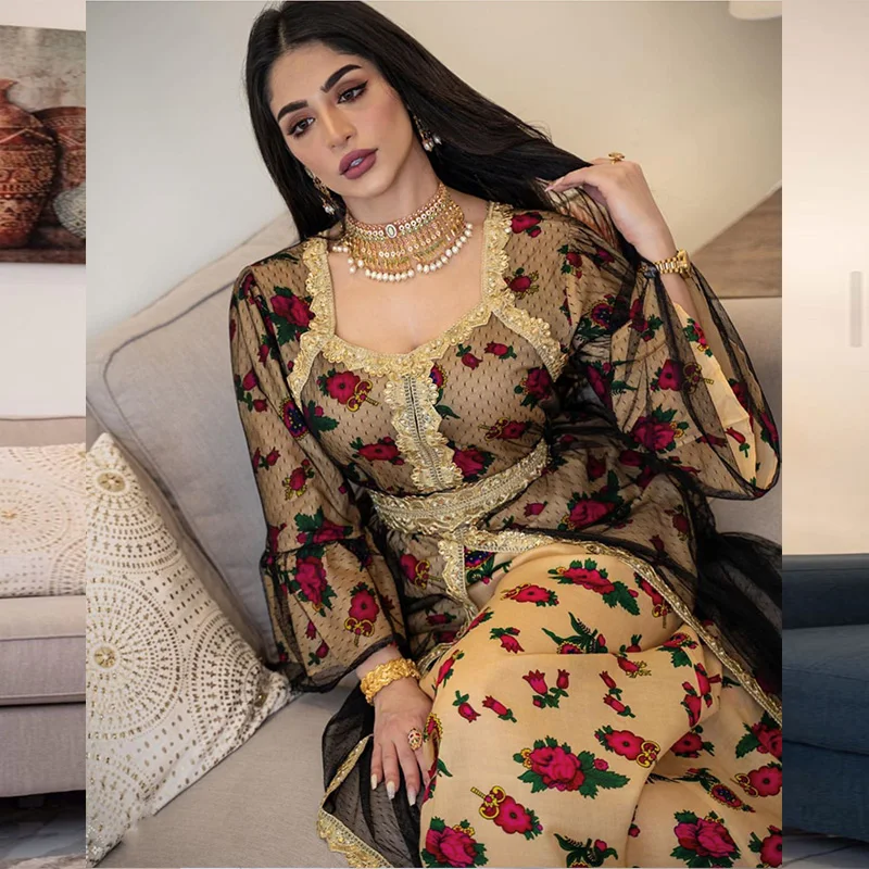 Abayas For Women Middle Eastern Ethnic Print Embroidery Lace Gauze Dress Dubai Muslim Woman Robe Femme Musulmane