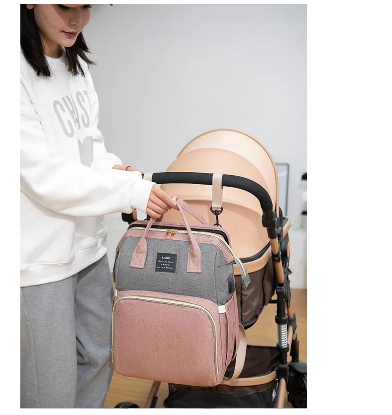 LAND Baby Diaper Bag Mummy Fold Bed Backpack Maternity Waterproof Nappy Multi-function Nursing Changing Bag For Mom Dad With Toy images - 6