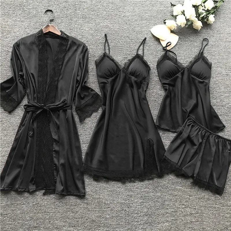 2023 Women Pajamas Sets Satin Sleepwear Silk 4 Pieces Nightwear Pyjama Strap Lace Sleep Lounge Pajama With Chest Pads Drop