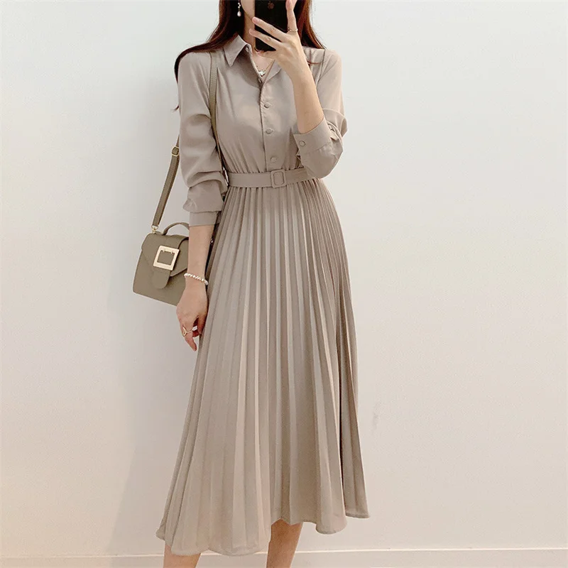 

Women Casual Lapel Shirt Dress Elegant Single-Breasted Sashes Female Pleated Dress Spring Vestidos