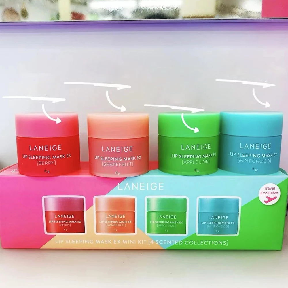 

Original Korea Lip Sleeping Mask MINI Kit 4 Scented Collections Moisturize Nourish Lip Balm Lip Care Lip Mask 8g*4pcs+Brush