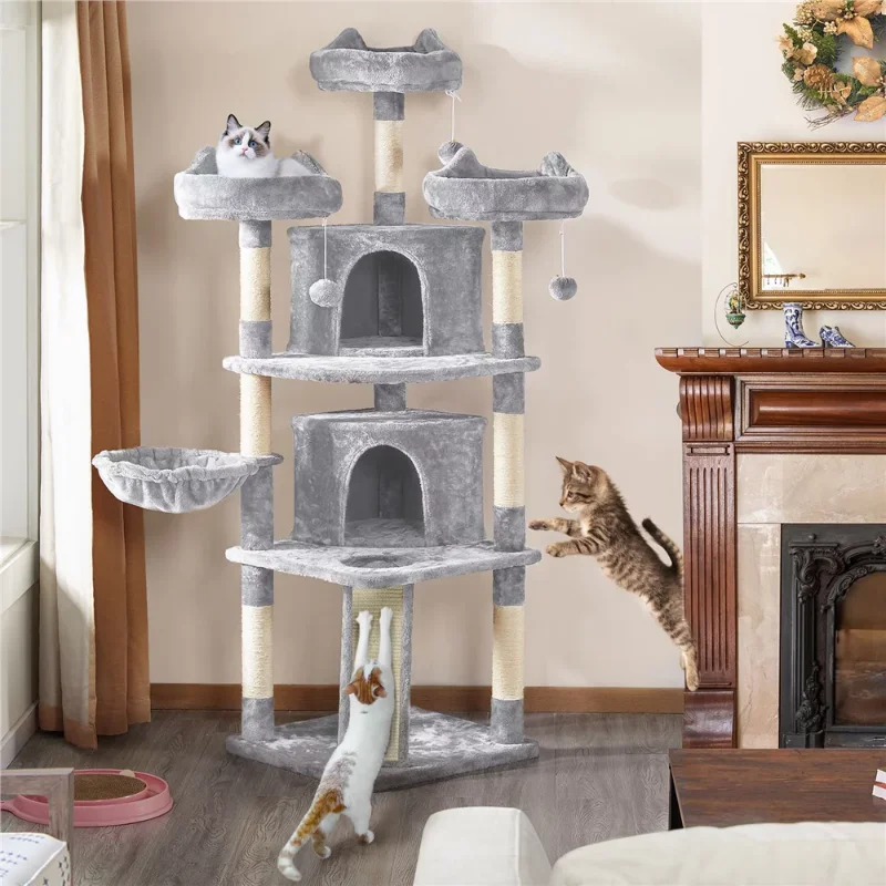 

SmileMart 68.5"H Large Multilevel Cat Tree Tower with Condos and Perches, Light Gray/Beige/Black/Dark Gray）