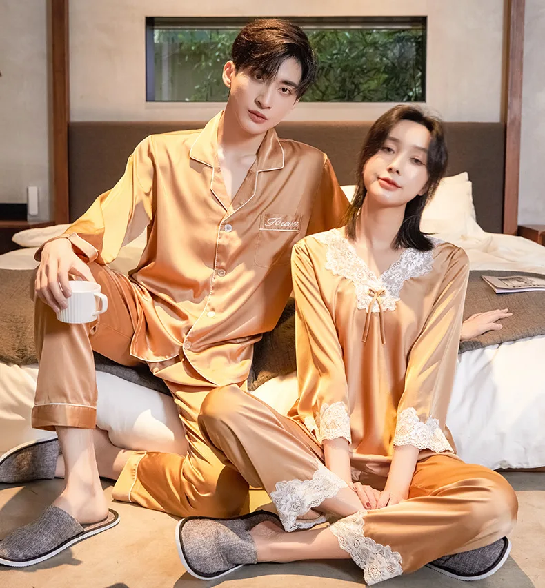 New Couple Pajamas Satin Chiffon Silk Men's Cardigan Women's Pullover Home Furnishing Long Sleeve Korean Edition Solid Color Set