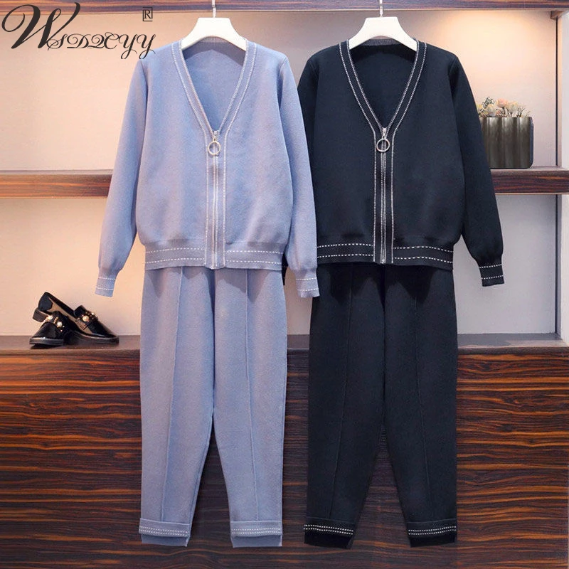 Oversized Casual Sweater Tracksuits Women Vintage Long Sleeve Cardigans Coat+Loose Wide Leg Pant Knitted 2 Peice Sets Winter