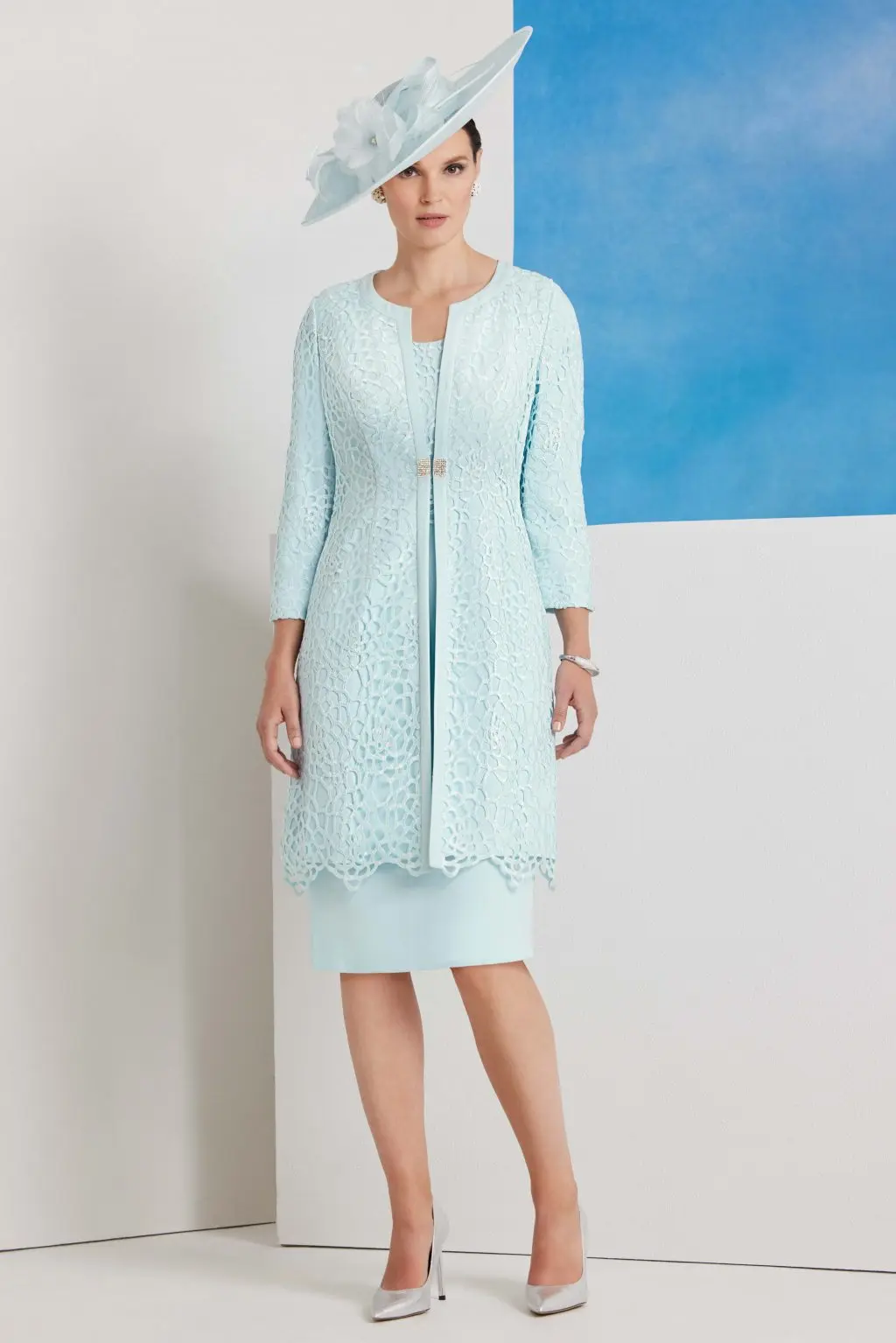 

sky blue ivory new outfit coat silhouette knee length lace overlay Short Fitted Mother of the Bride Dresses with long sleeves